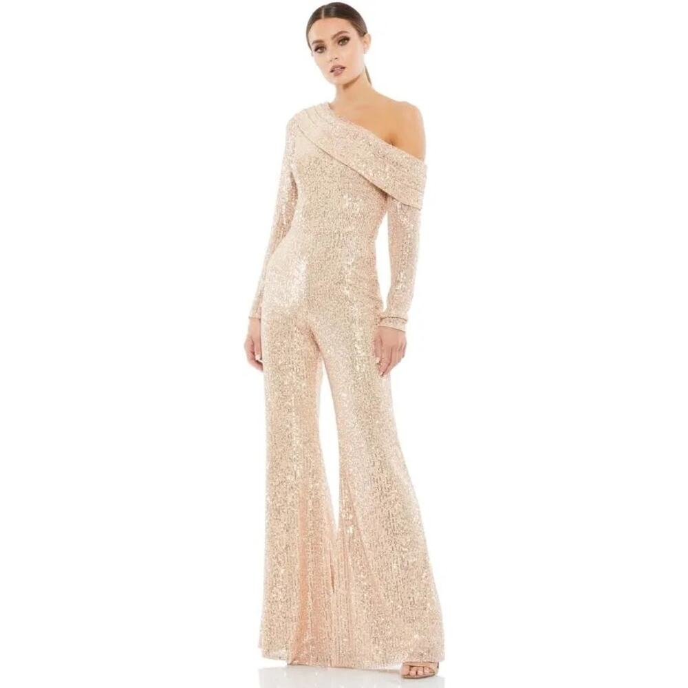 Mac Duggal Sequined Drop shoulder long sleeve gold jumpsuit size 10